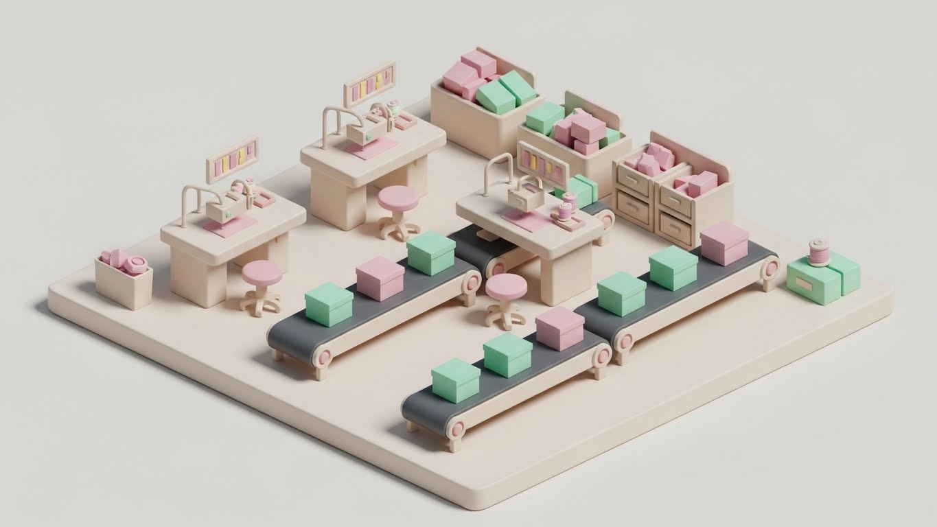 (Isometric Claymorphism): Organized Micro-Factory + Workflow Clarity