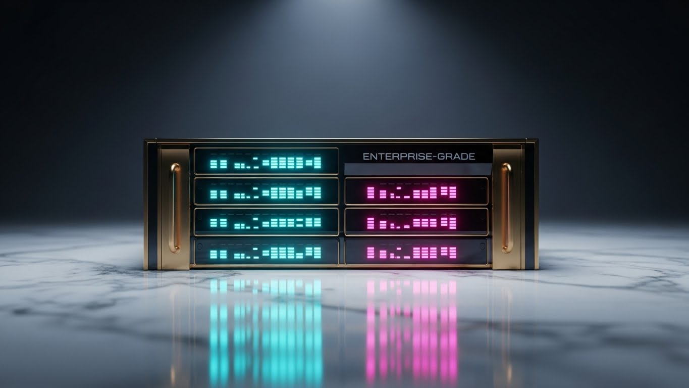 (Photorealistic 3D Renders): Gold Server Rack + Signaling Enterprise Stability
