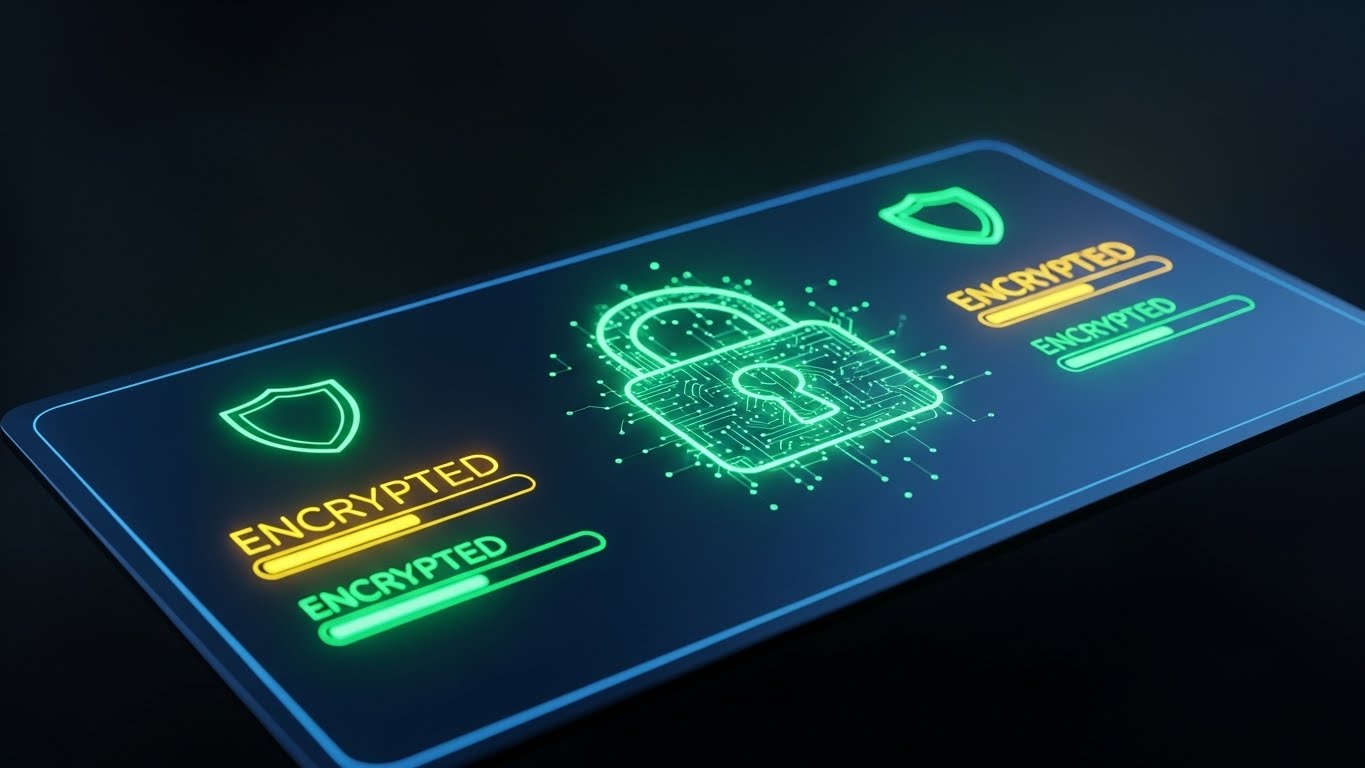 (Dark Mode UI Showcase): Neon Security Shield + Visualizing Data Encryption