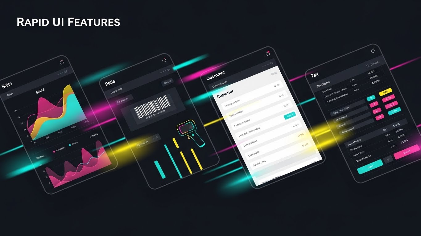 (Rapid UI Feature Montage): Tilted High-Speed Screens + Showcasing Feature Depth