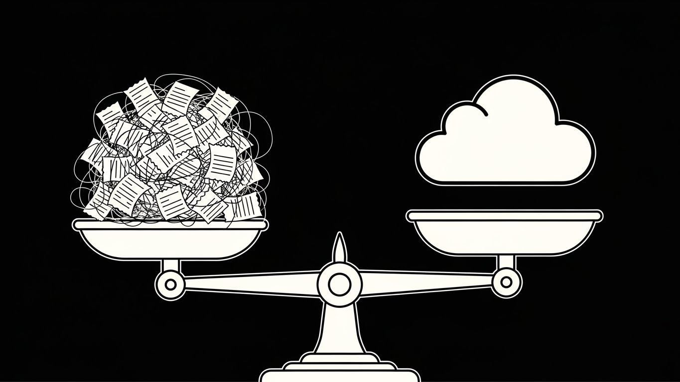 (Minimalist Flat 2D Vector): Scale Balance + Displacing Legacy Systems