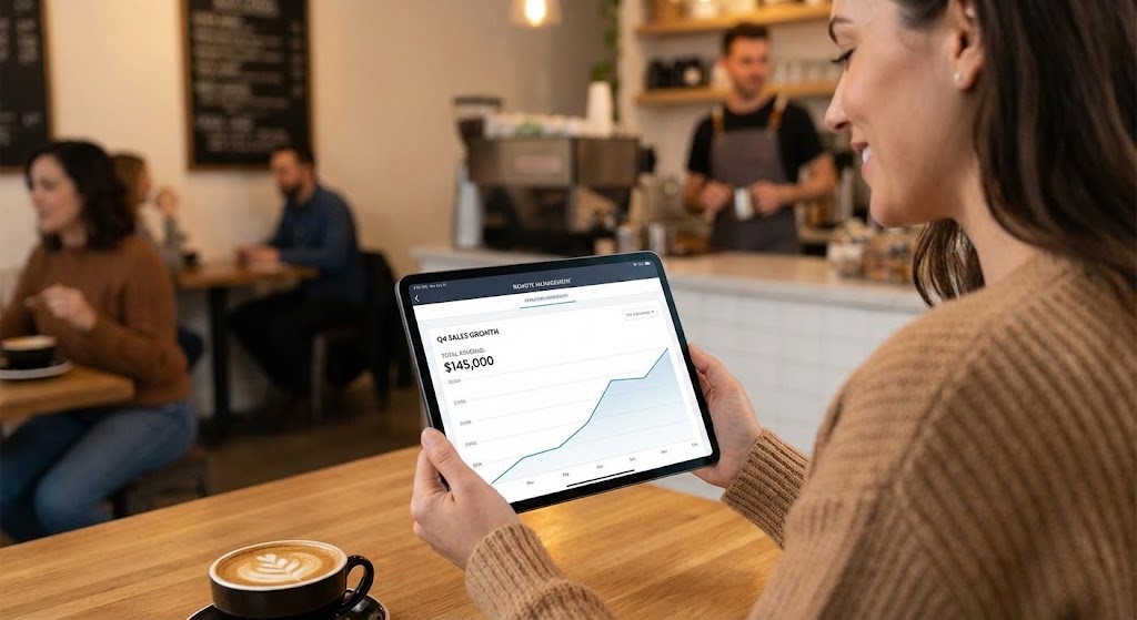 (Lifestyle Stock with UI Overlay): Cafe Analytics + Reducing Churn