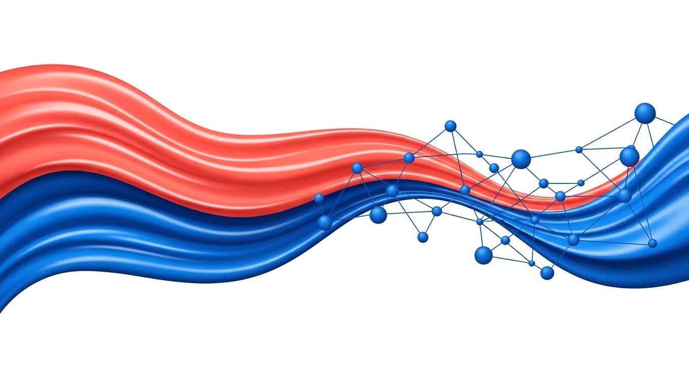 (Minimalist Flat 2D Vector): Fluid Digital Waves + Streamlining Raw Data Flow