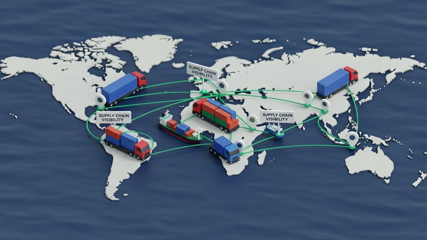 (Stylized 3D Miniature): Global Logistics Map Total Supply Chain Control