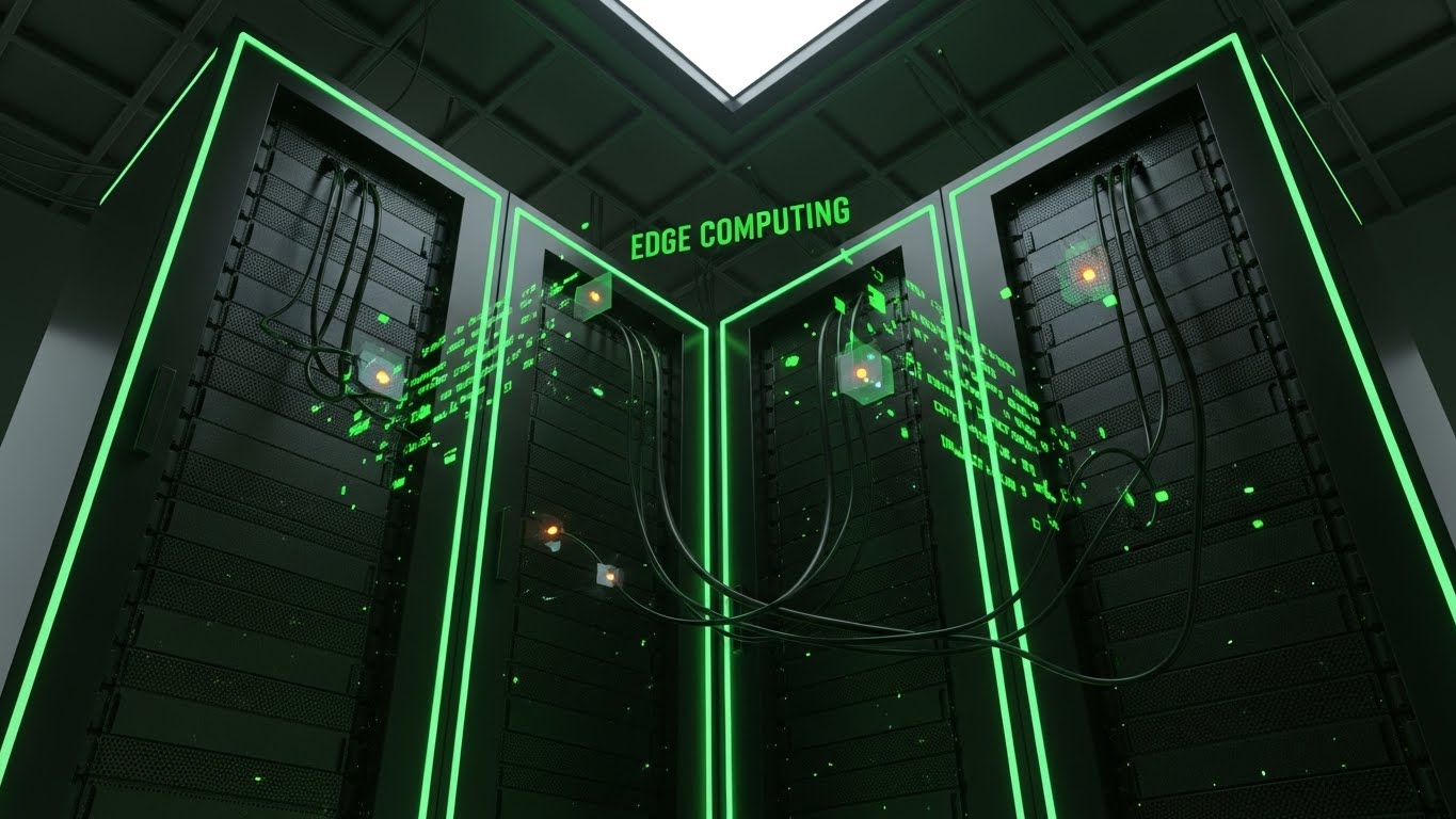 Futuristic Neon/Dark Mode: Server Rack Glow + Edge Computing Power