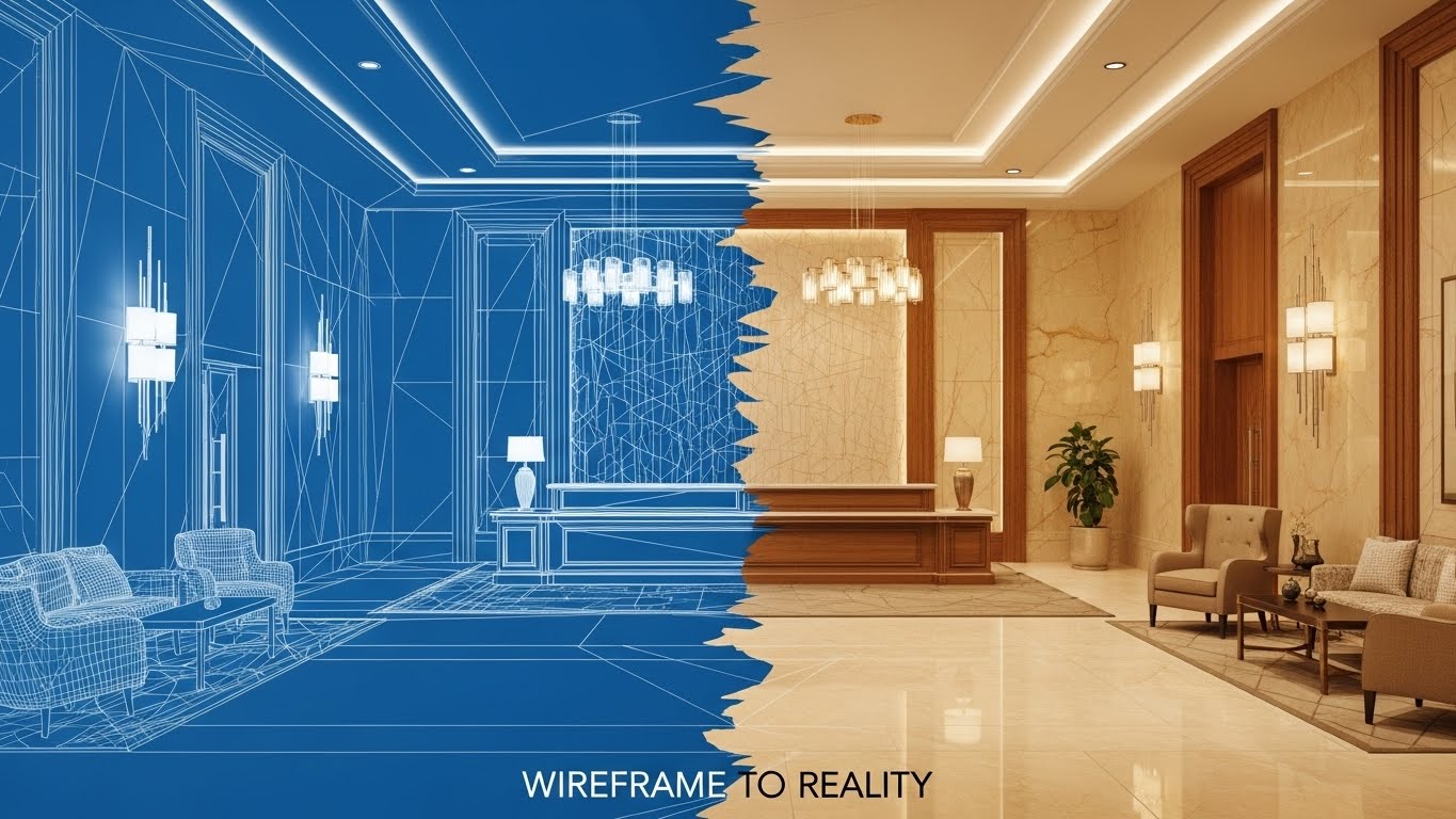 Wireframe to Reality Transition: Blueprint Blue + Finished Luxury