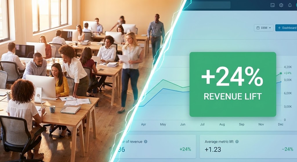 (Split Screen: Optimized Reality and UI): Office vs. Dashboard - Linking Effort to Revenue