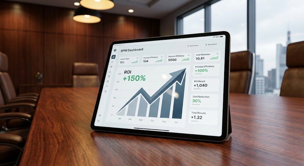 (Photorealistic 3D): Executive Tablet validates High-Value ROI