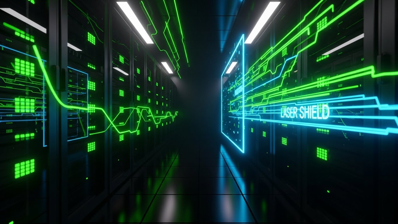 (Futuristic Neon/Dark Mode): Laser Shield signifies Active Cyber Defense