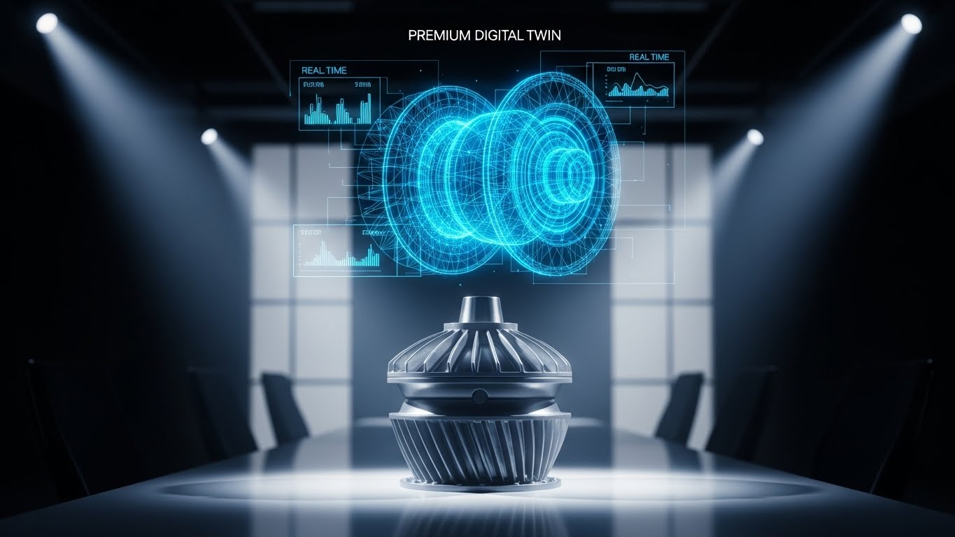(Holographic UI): Digital Twin Overlay visualizes Premium Asset Management
