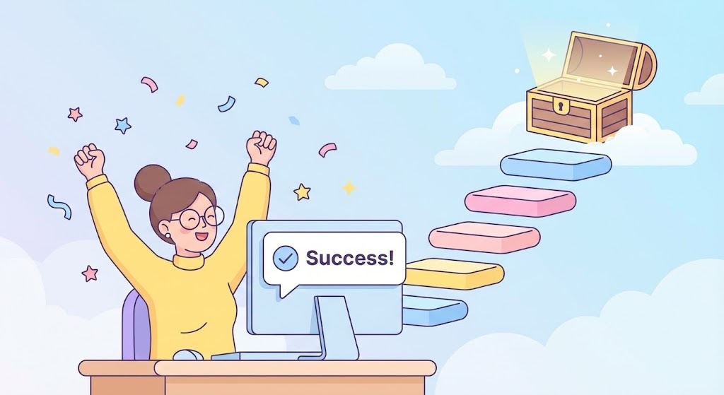 (2D Character Story): Celebratory Moment triggers User Success Dopamine