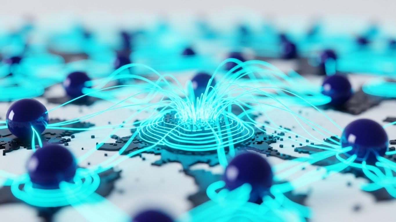 (Abstract 3D AI Visualization): Violet Neural Net + Synthesizing AI Insights