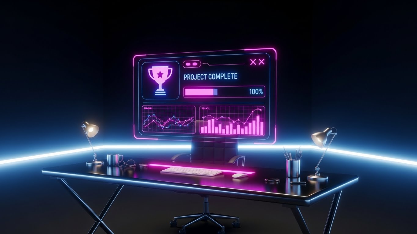 (Holographic UI over 3D Render): Glowing Trophy + Validating User Success