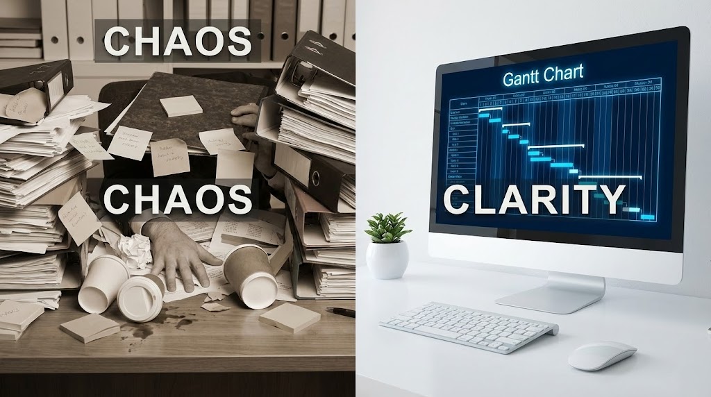 (Split Screen: Optimized Reality and UI): Chaos vs. Clarity + Validating Digital Transformation