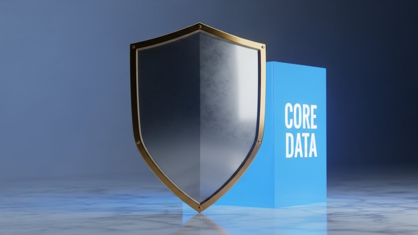 (Photorealistic 3D Renders): Gold Shield + Protecting Core Data Assets