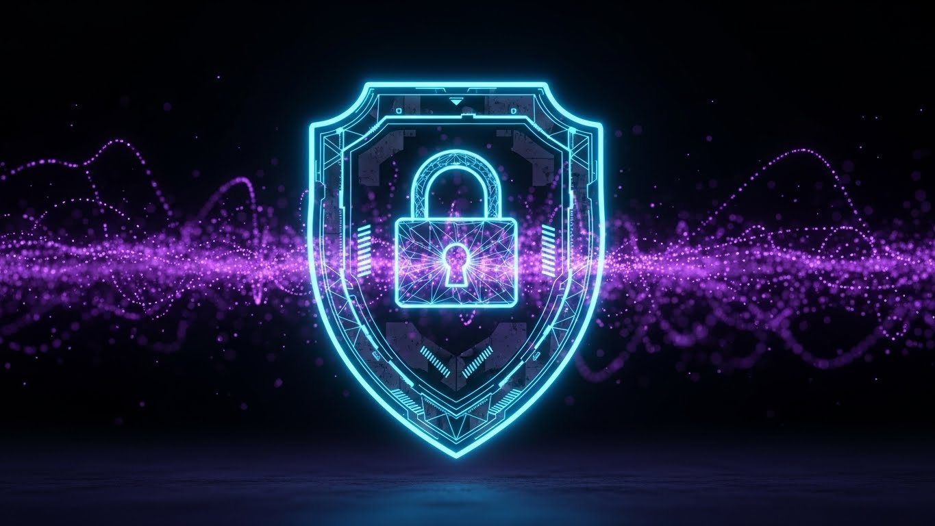 (Futuristic Neon/Dark Mode): Digital Shield + Mitigates Data Risk