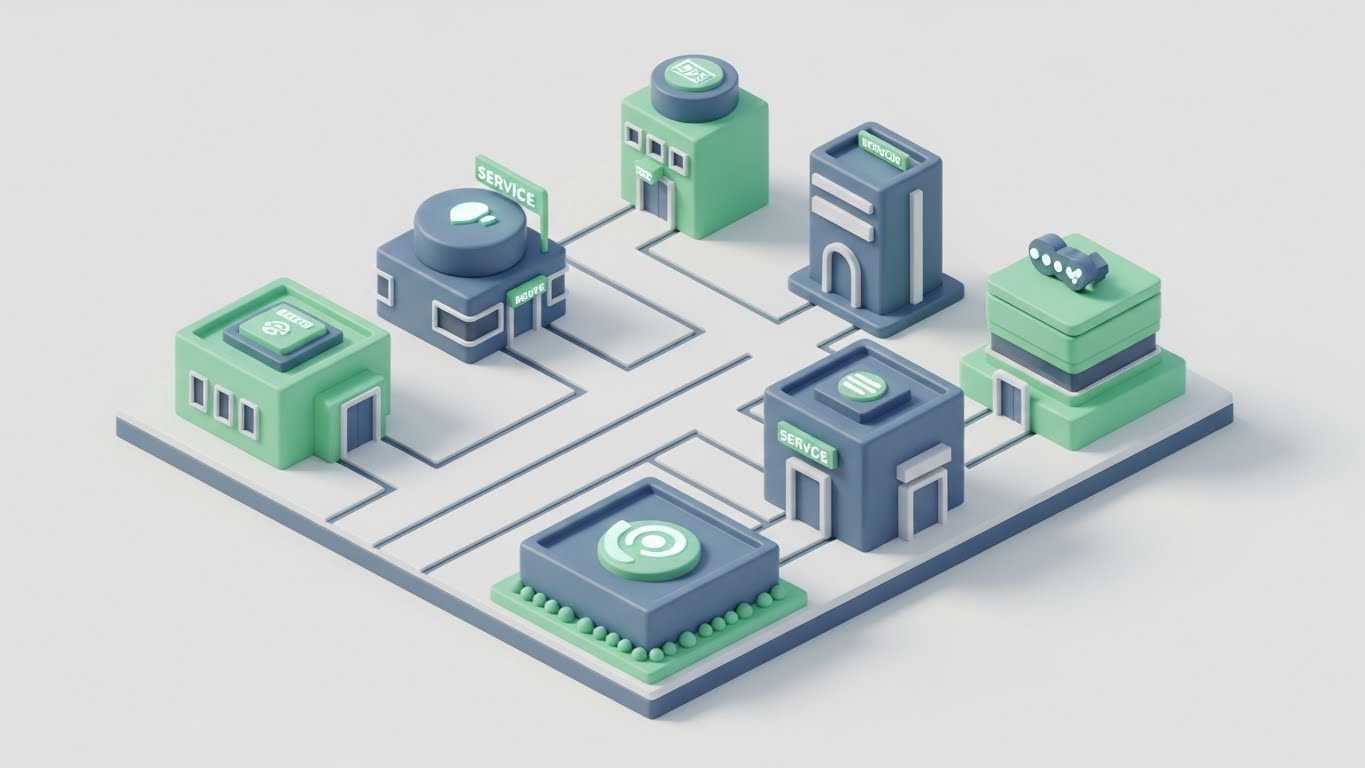 (Isometric 3D Workflow): Modular Clay City + Microservices Clarity