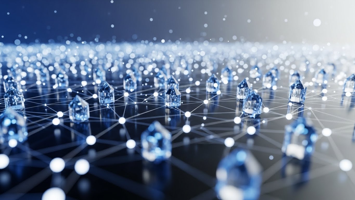 (Abstract 3D AI Visualization): Crystalline Nodes + Infinite Digital Scale