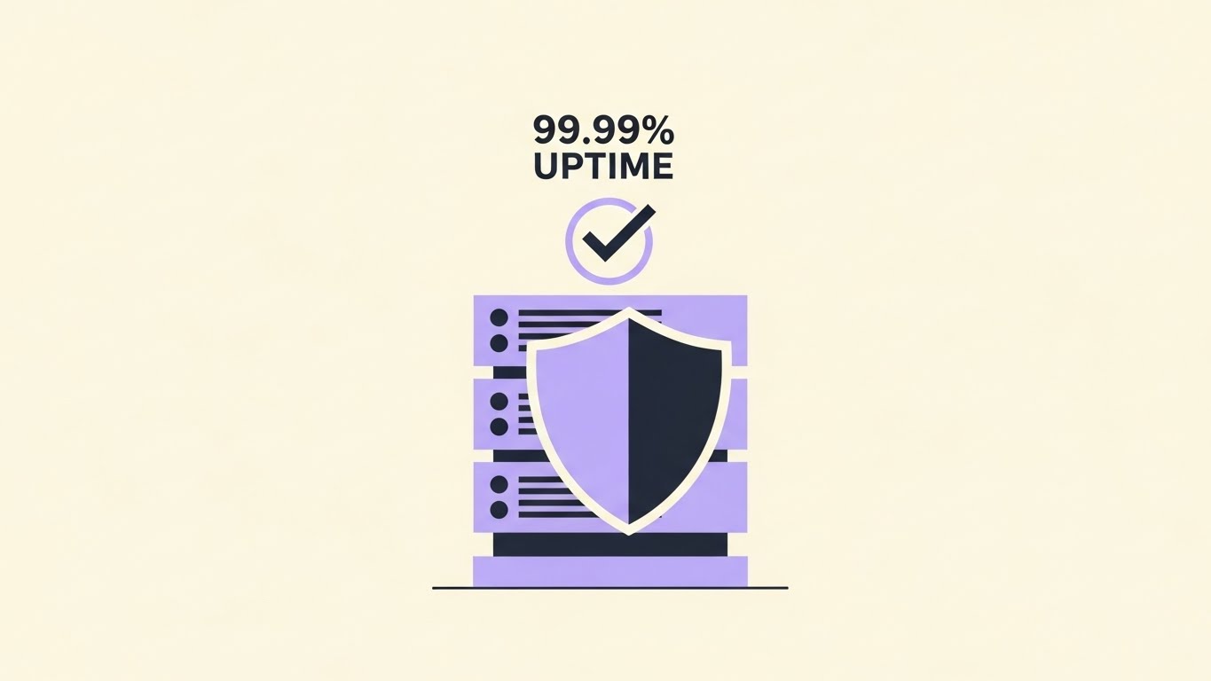 (Minimalist Flat 2D Vector): Geometric Shield Icon + 99.99% Uptime Trust