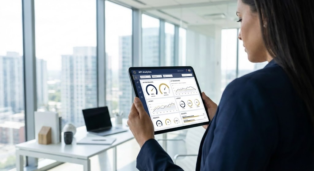 (Lifestyle Stock with UI Overlay): Executive Tablet Dashboard + ABM Analytics Awareness