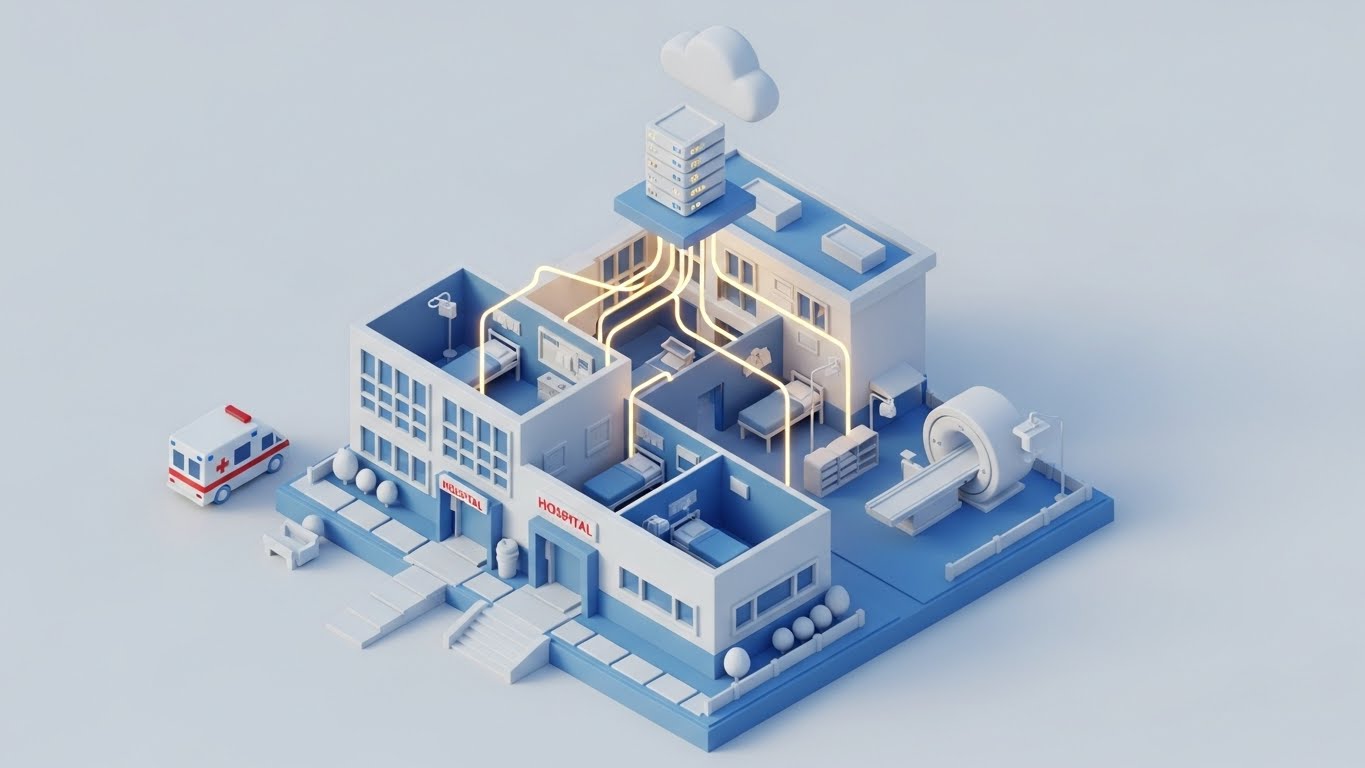 (Isometric 3D Workflow): Miniature Hospital + Visualizing Cloud Security