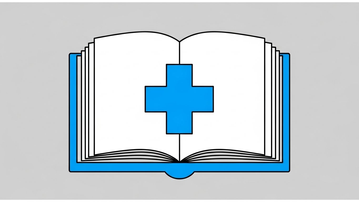(Minimalist Flat 2D Vector): Open Book + Democratizing Medical Knowledge