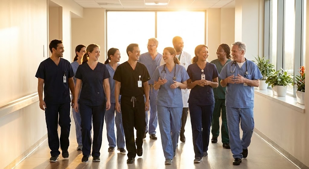 (Aspirational Stock Montage): Smiling Staff + Visualizing Burnout Reduction