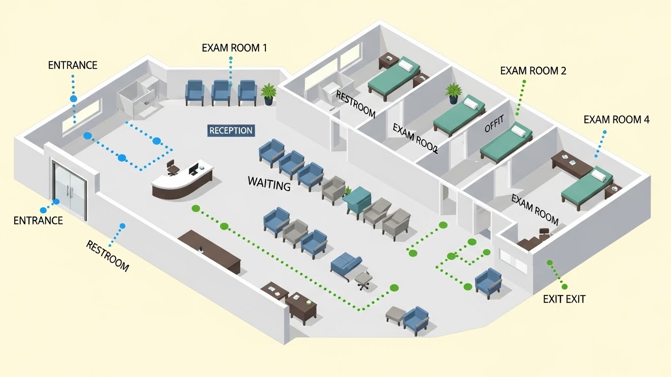 (Isometric 2D Motion): Clinic Floorplan + Optimizing Patient Flow