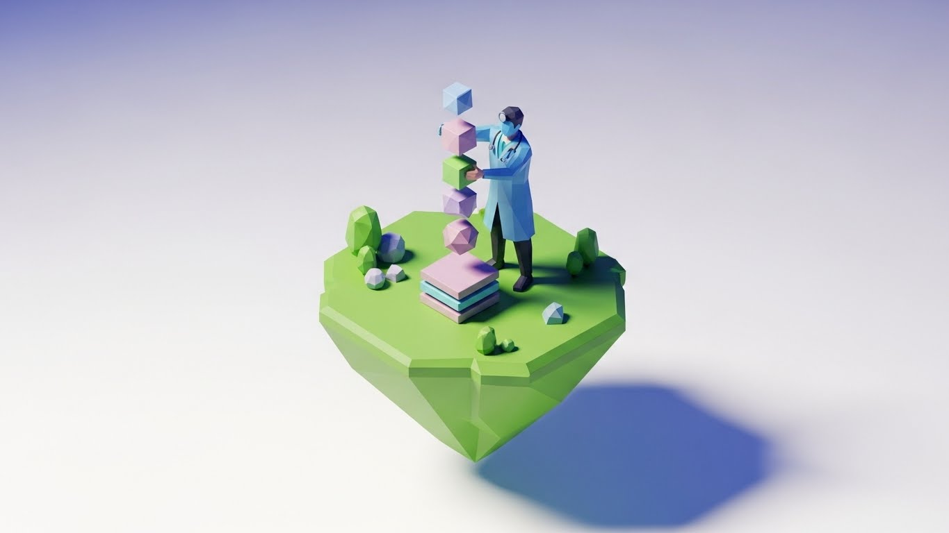 (Low-Poly 3D Modeling): Structured Blocks + Organizing Clinical Data