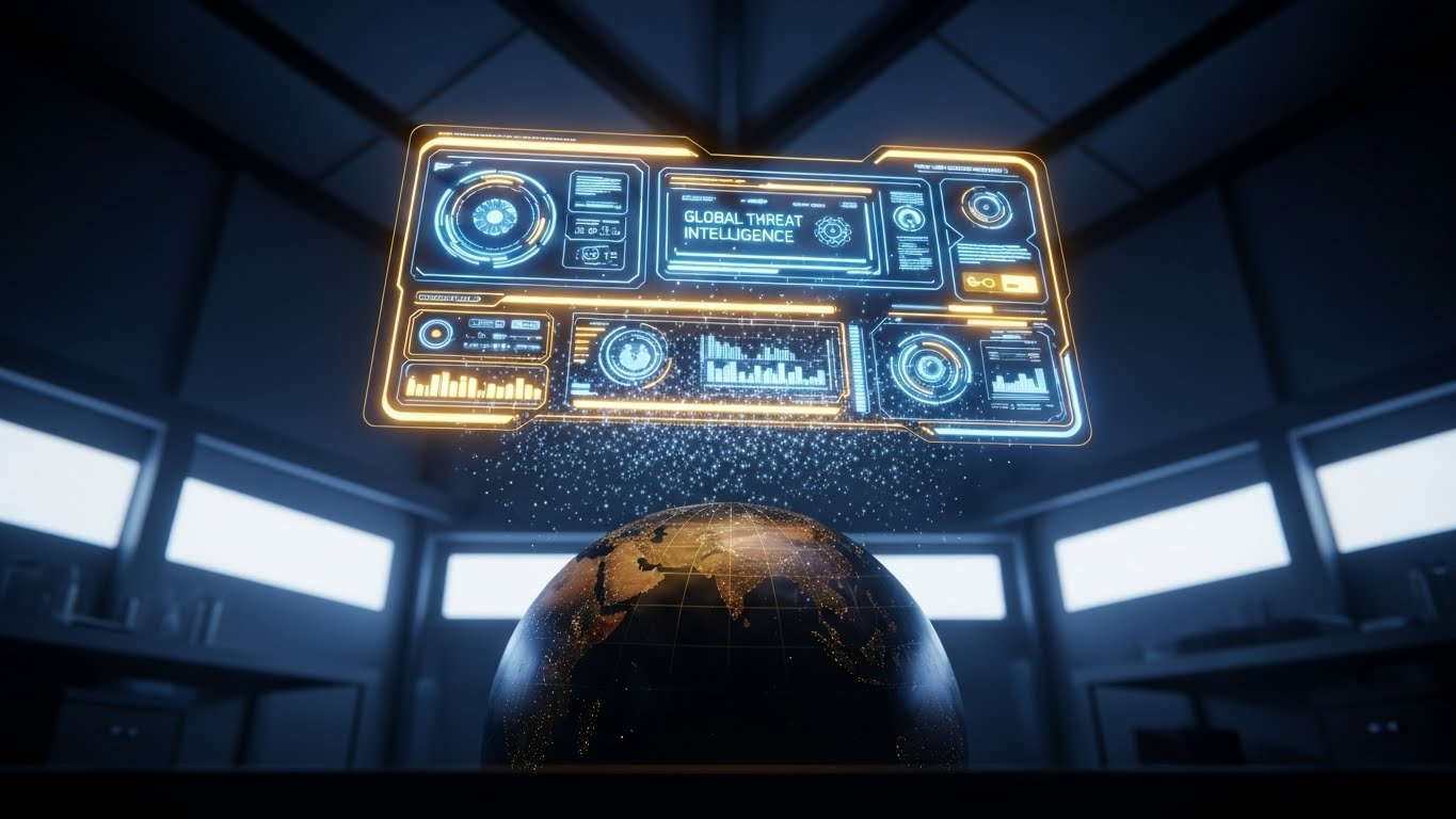 (Volumetric UI Overlay): Global Visibility - Omniscient Threat Intelligence