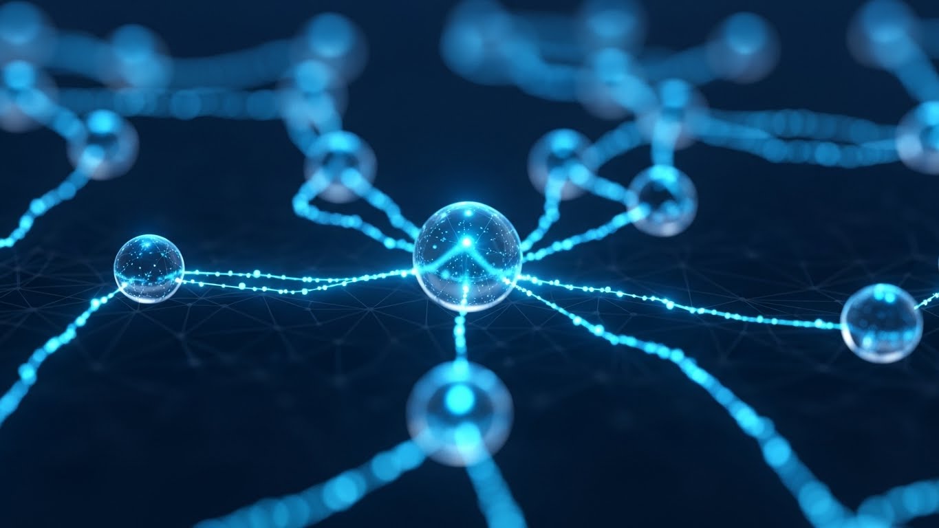 (Abstract 3D AI): Glowing Cyan Nodes – Illuminating Intelligent Network Logic