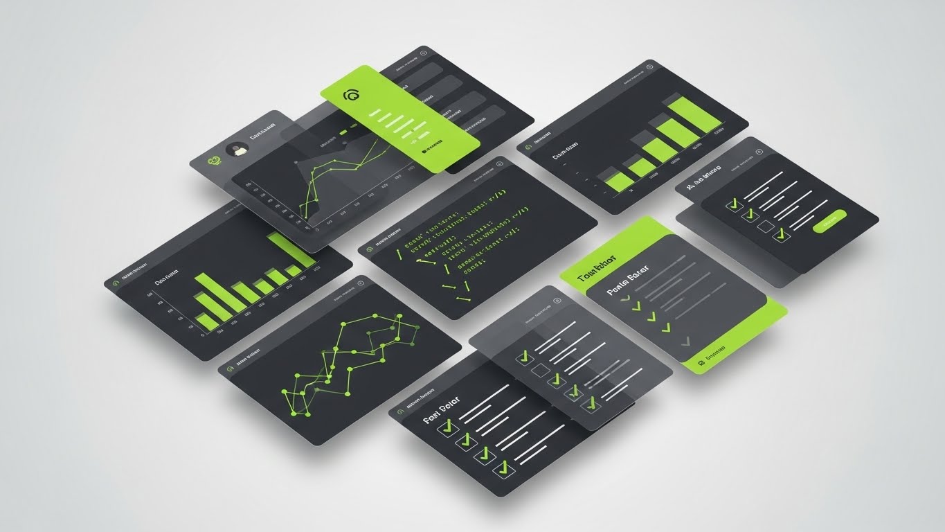 (Rapid UI Montage): Vibrant Dashboard Grid – Showcasing Feature Density