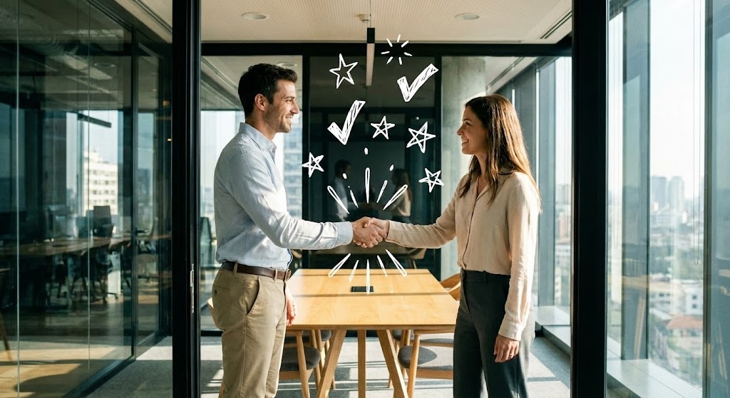 (2D over Live Action): Deal Handshake – Validating Partnership Success