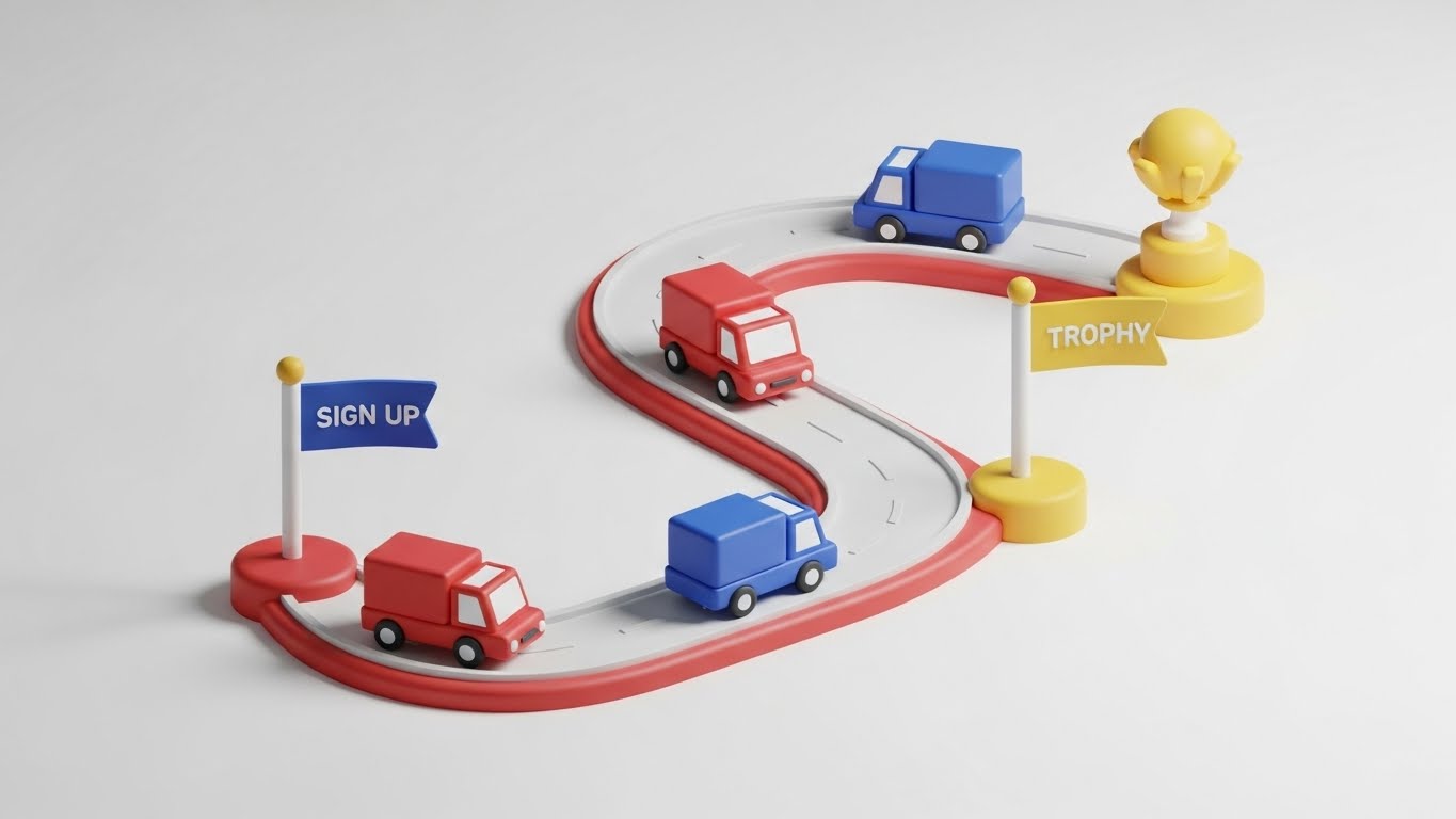 (Isometric 3D Workflow): Gamified Journey: Visualizing the path to value.