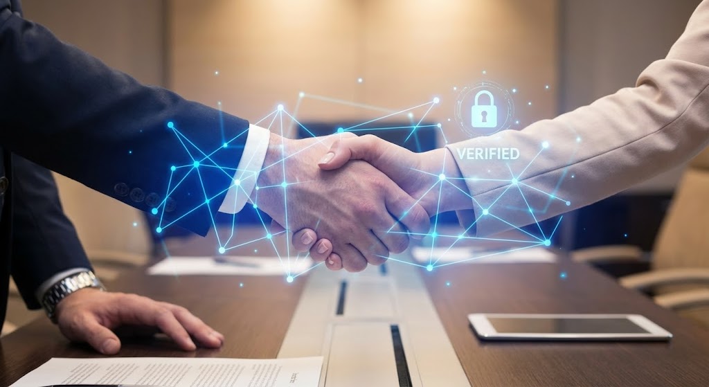 (Mixed Media Overlay): Verified Trust (Contractual Certainty)