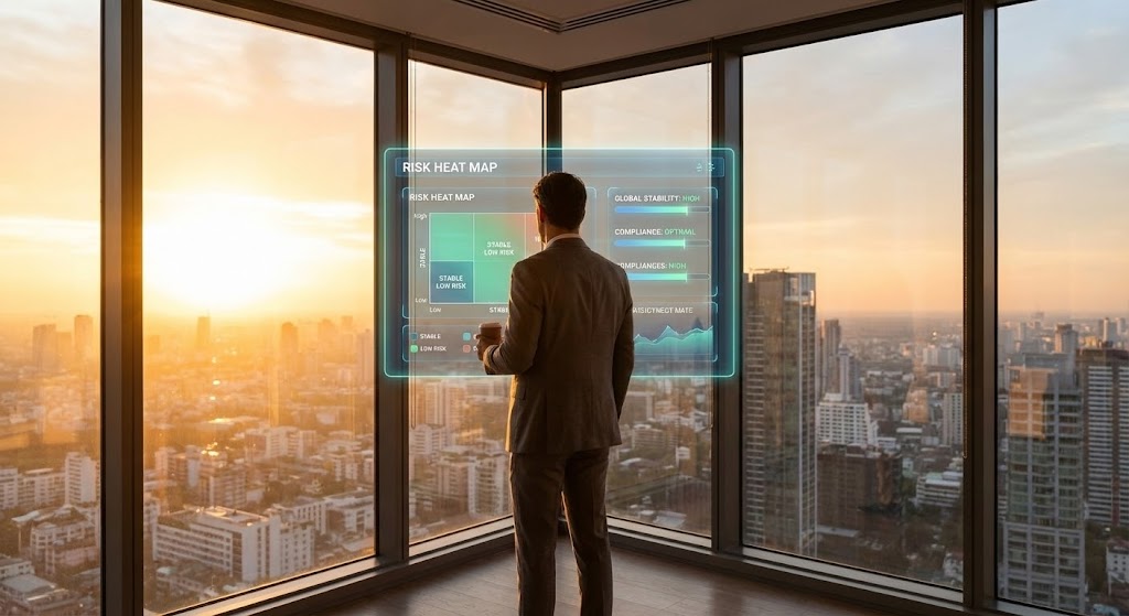 (Lifestyle Stock with UI Overlay): Executive Horizon View – Visualizing Strategic Oversight