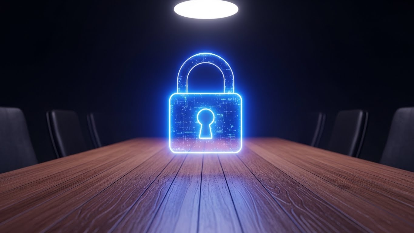 (Holographic UI over 3D Render): Digital Lock on Wood – Visualizing Boardroom Security