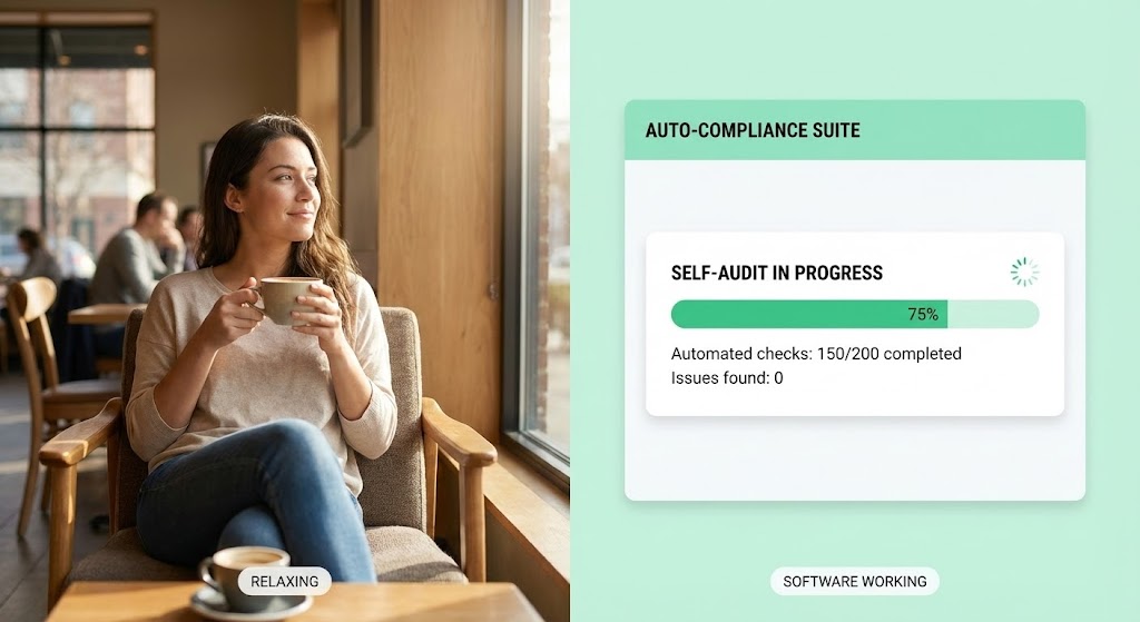 (Split Screen): Coffee vs. Compliance – Visualizing Automated Audits