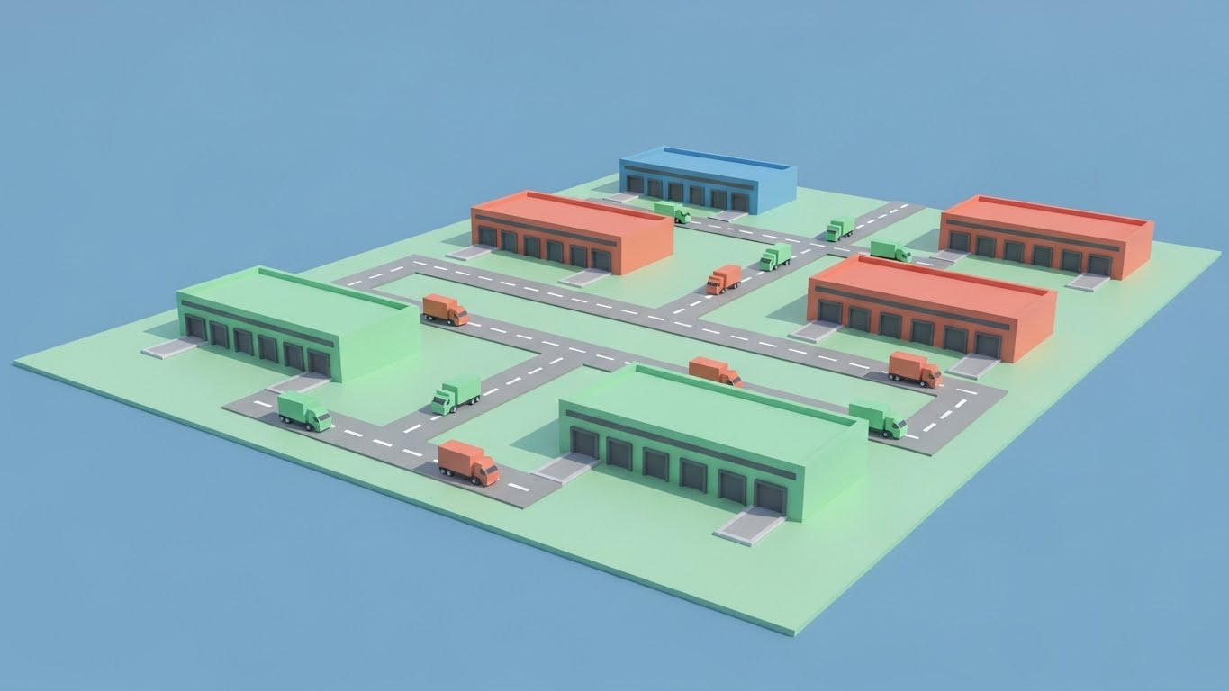 (Low-Poly 3D): Friendly Scale + Ecosystem Organization