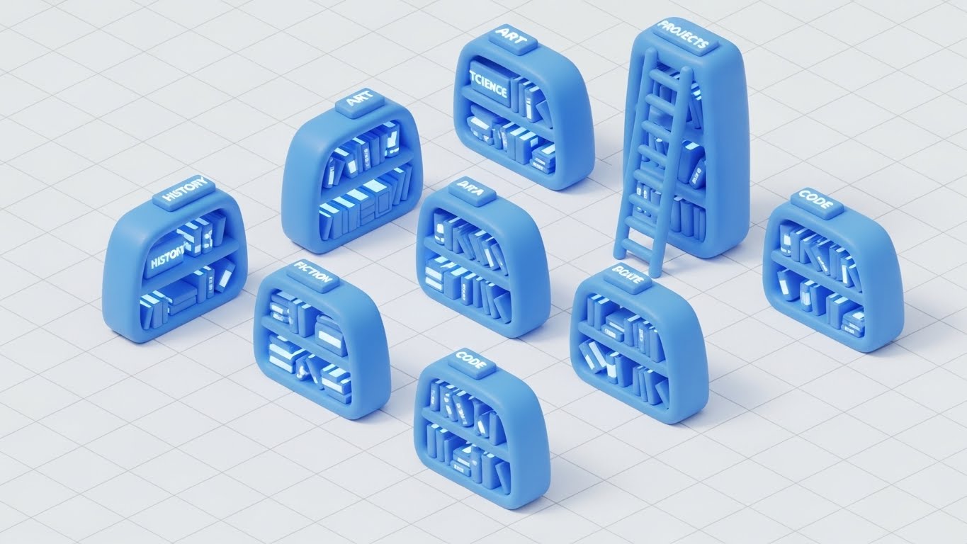 (Isometric 3D Workflow): Accessible Knowledge — Organized Self-Help