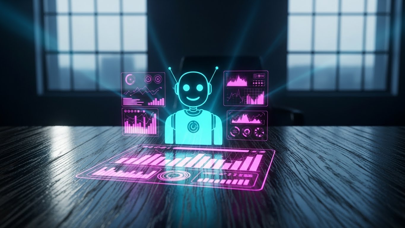 (Holographic UI over 3D Render): AI Presence — 24/7 Support