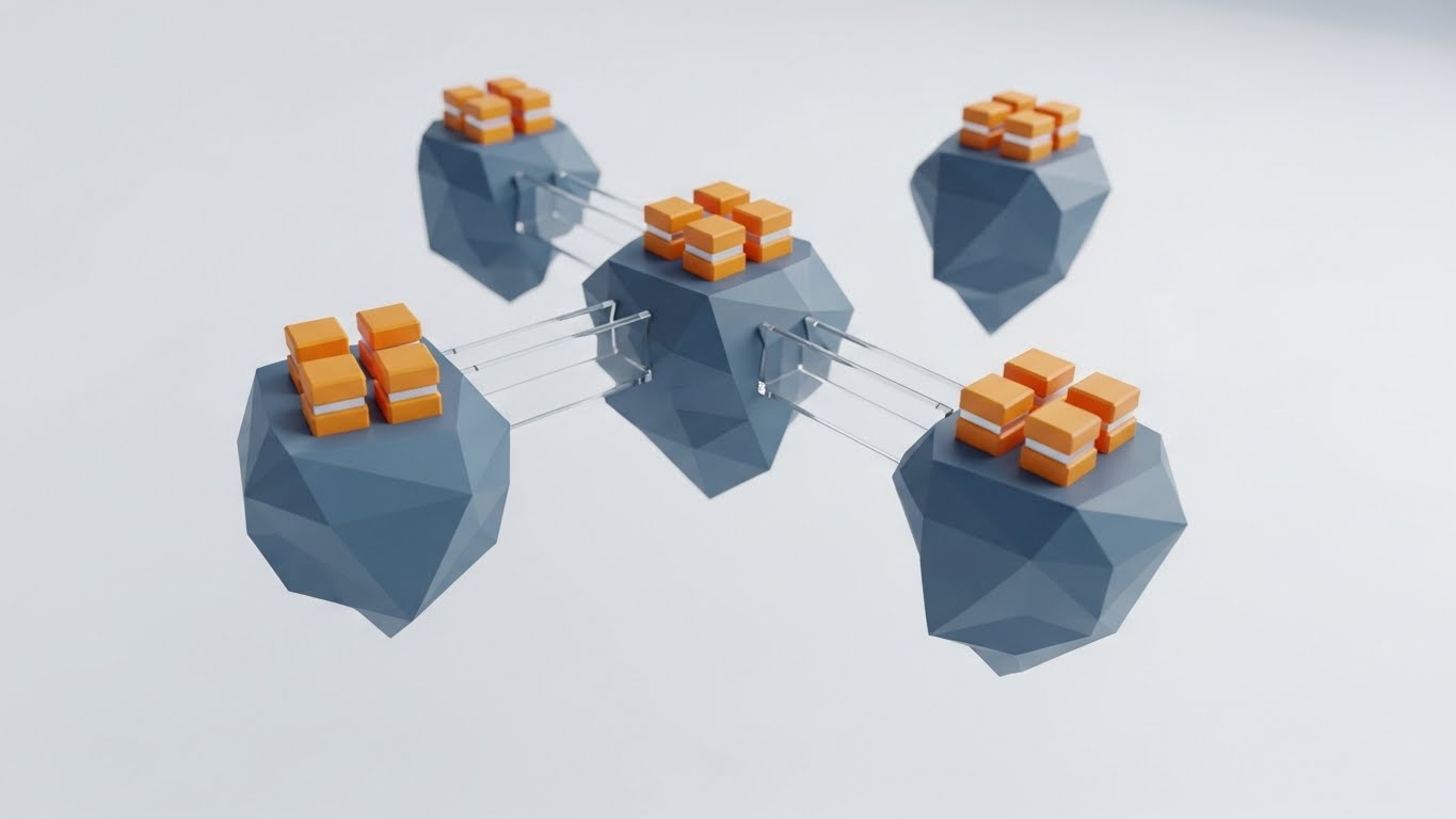 (Low-Poly 3D Modeling): Geometric Islands — Bridging Isolated Silos