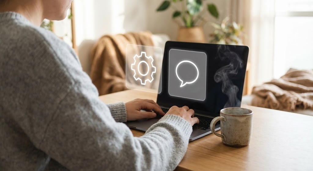 (Lifestyle Stock with UI Overlay): Remote Ergonomics, Visualizing Work-Life Balance