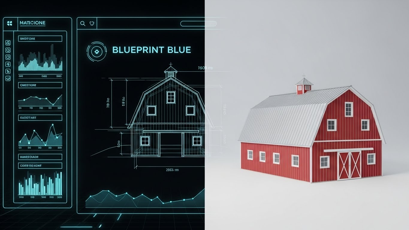 (Wireframe to Reality Transition): Split-Screen Contrast + Validating Asset Planning