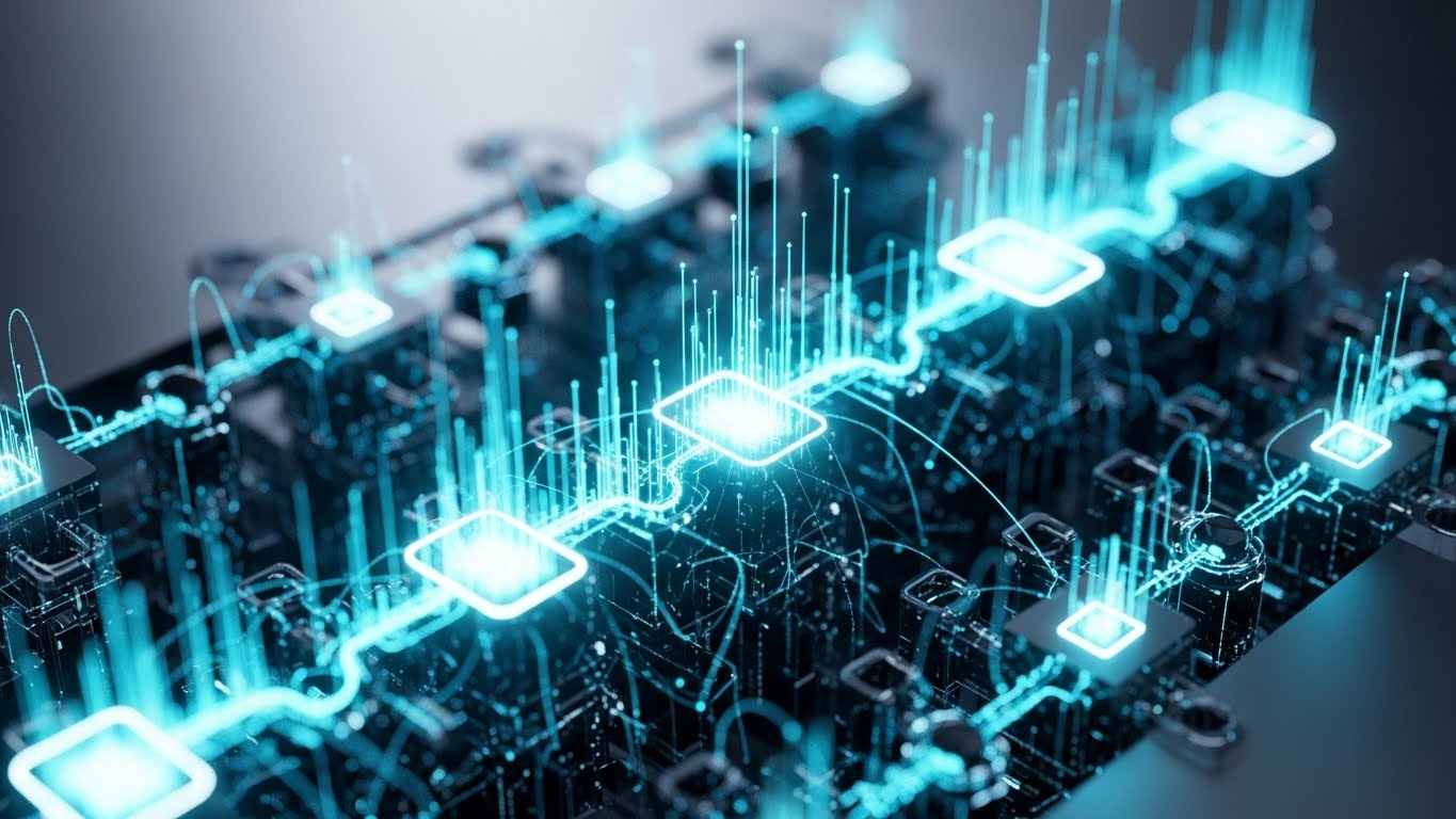 Abstract 3D AI Visualization: Connected Nodes + Visualizing the Digital Twin ecosystem