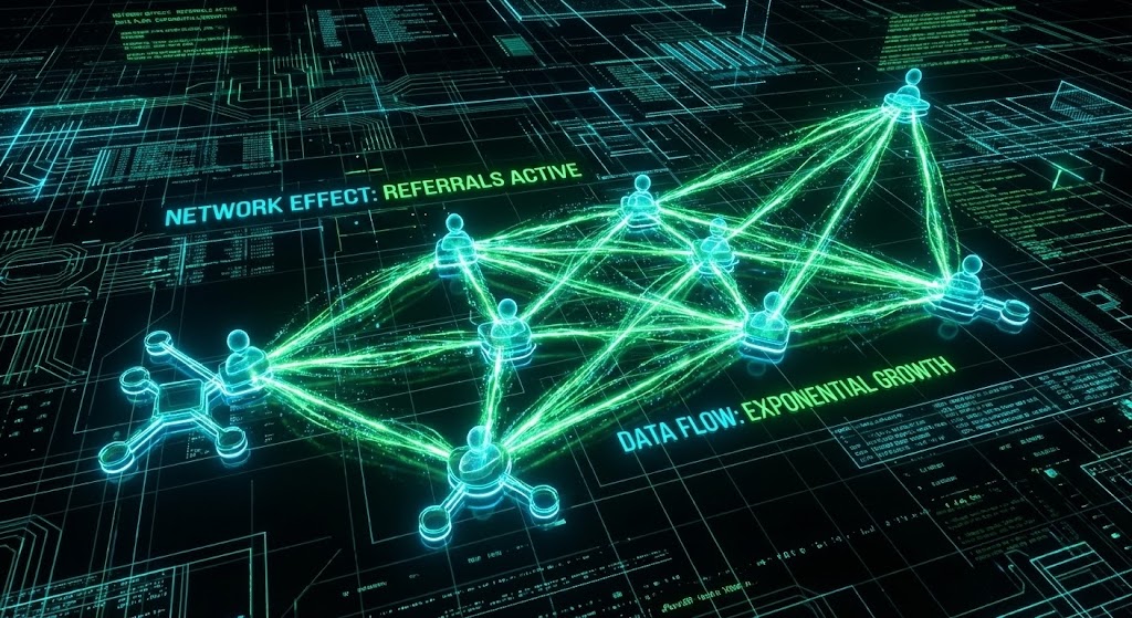 (Futuristic Neon/Dark Mode): Glowing Nodes + Driving Referral Advocacy