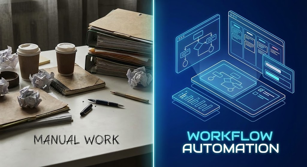 (Split Screen): Messy Desk Contrast + Automating Developer Workflows
