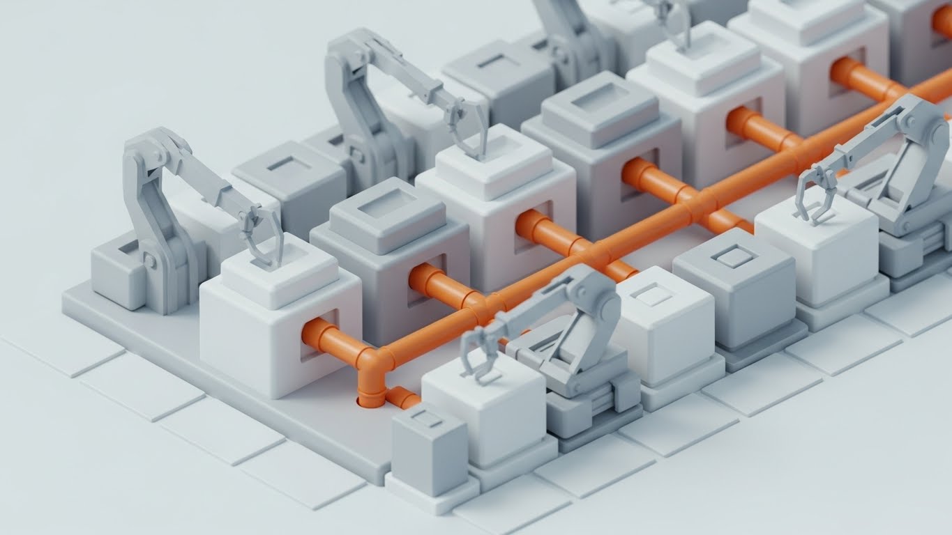 (Isometric 3D Workflow): Modular Assembly + Illustrating Process Automation