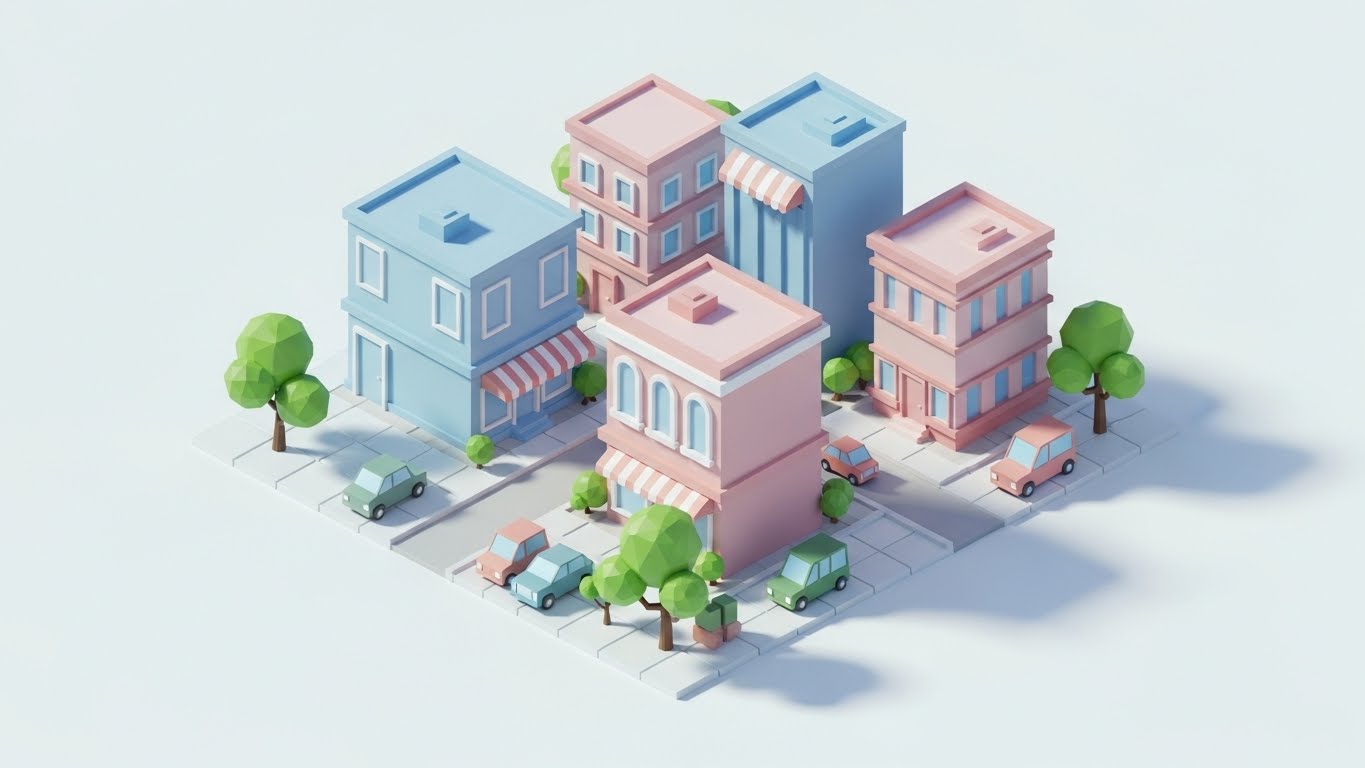 (Low-Poly 3D Modeling): Pastel District + Simplifying Ecosystem Complexity