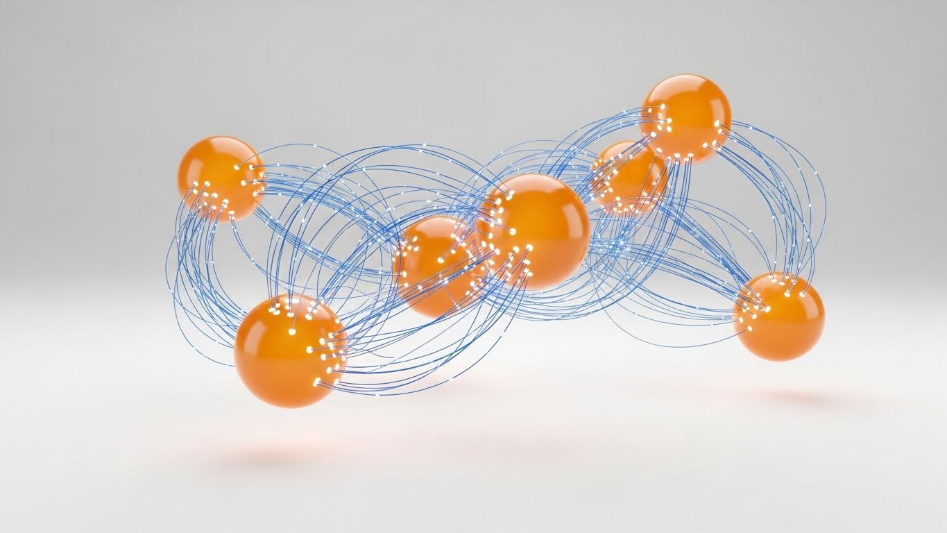 (Abstract 3D AI Visualization): Connected Nodes + Unifying Project Data